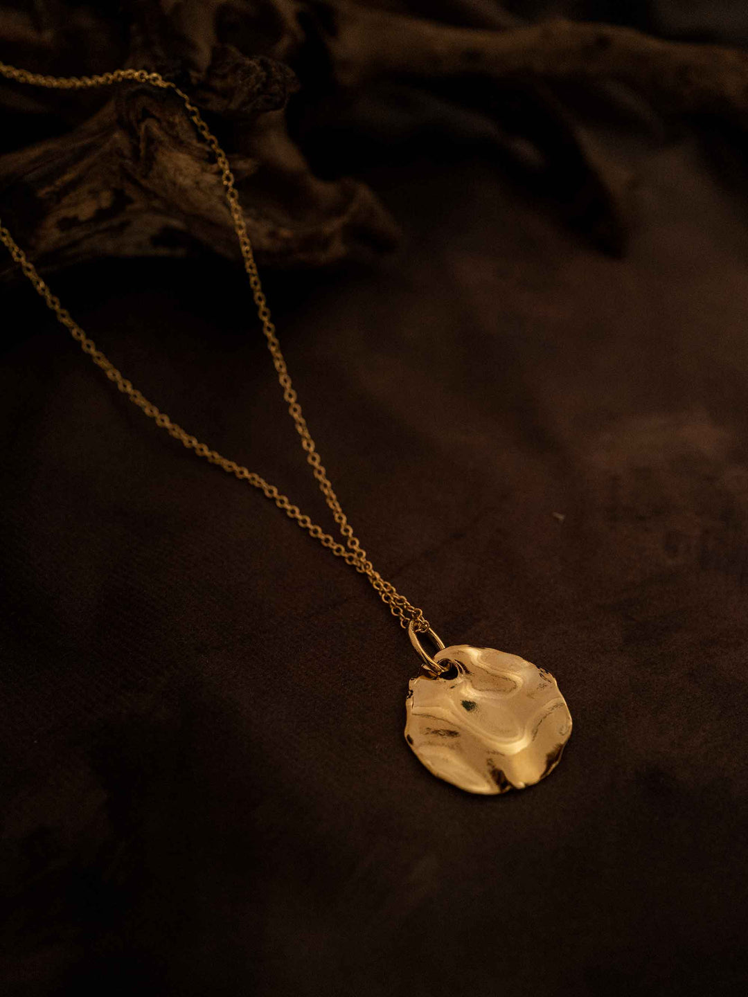 A gold necklace with a round pendant