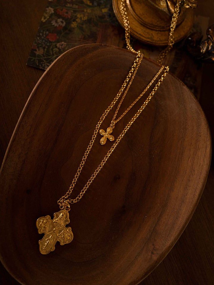 A double-layered design Catholic cross necklace