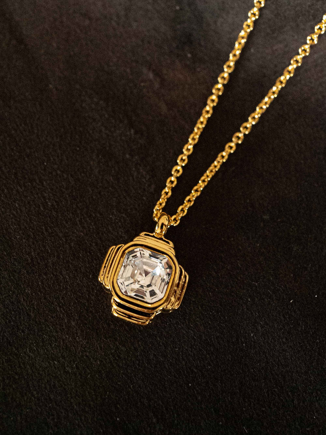 One Square Glass Crystal Pendant Gold Necklace