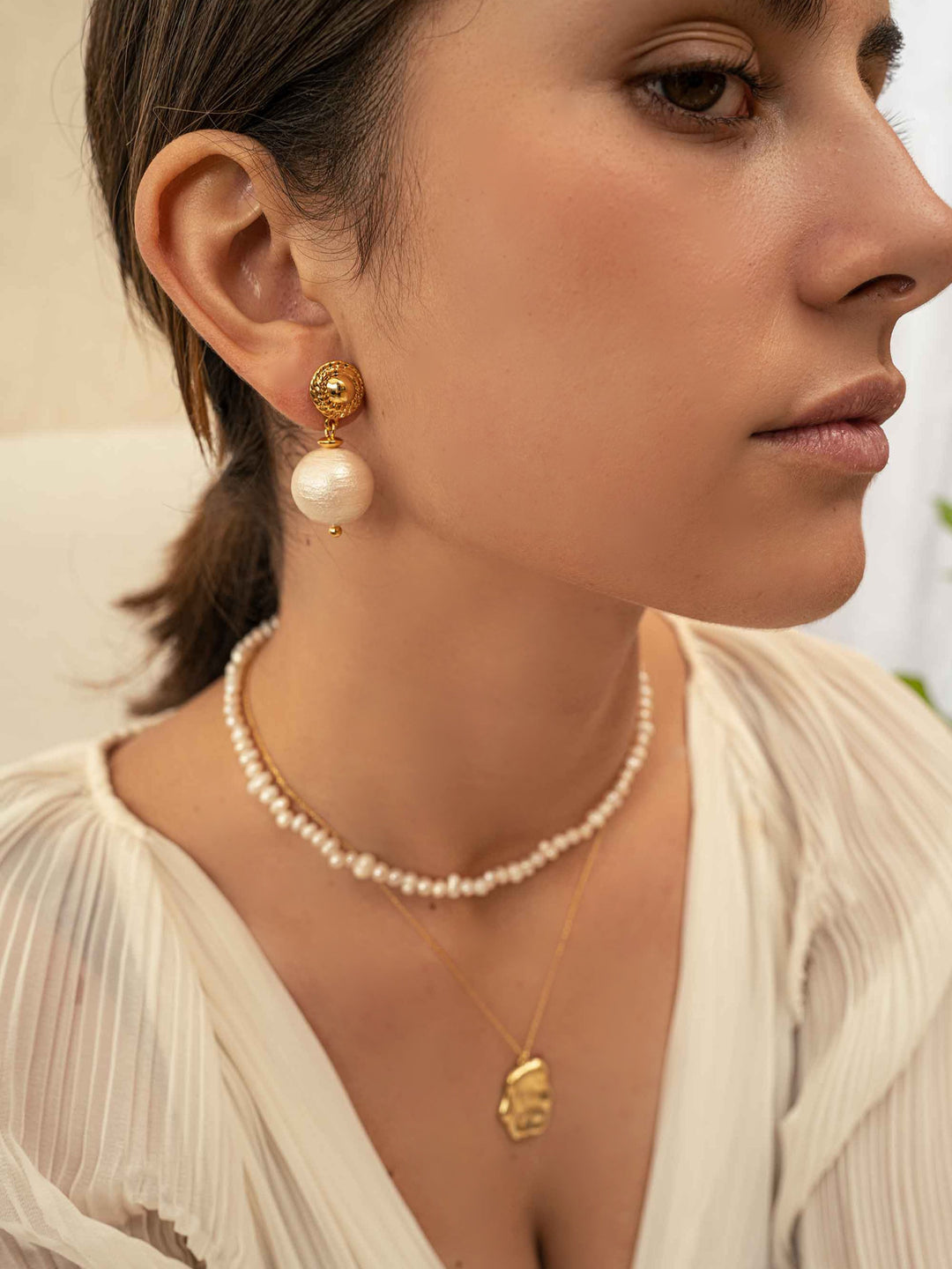 Cotton Pearl Dot Gold Earrings