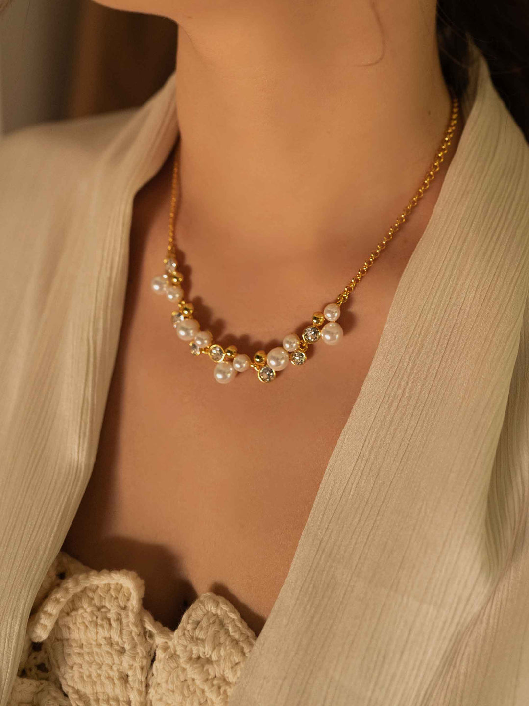 Collar Elegante Perla Circonita Fantasía Oro