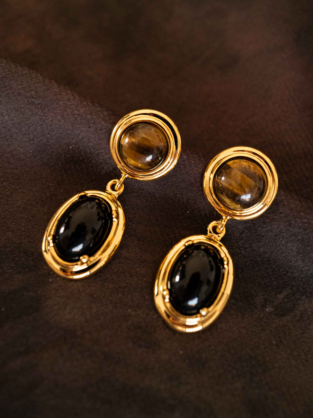 Cat's Eye Black Stone Gold Earrings