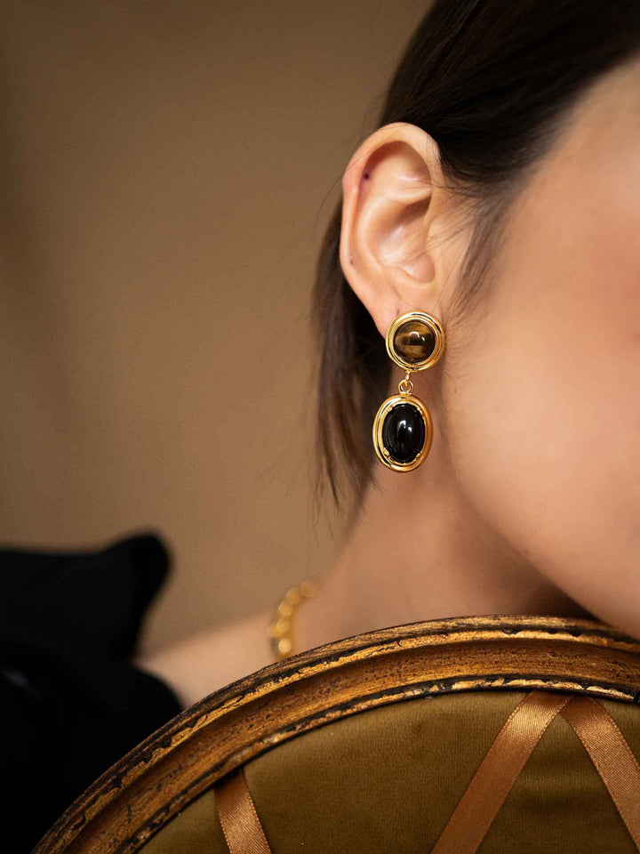 model wears Cat's Eye Black Stone Gold Earrings