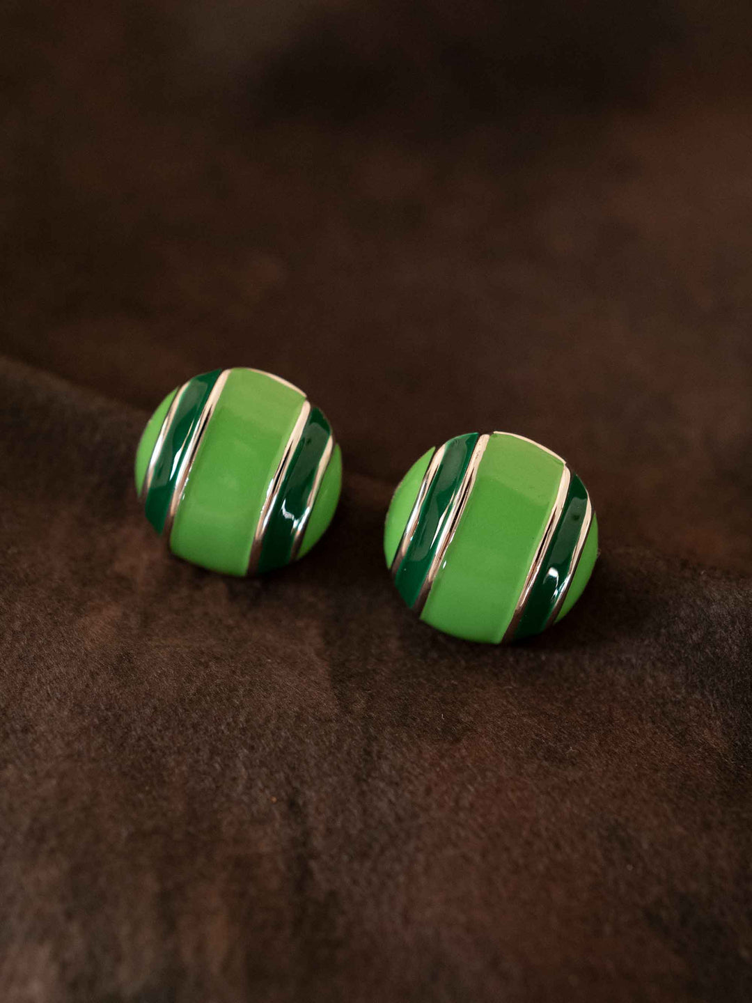 Green Round Geometric Stripe Silver Earrings