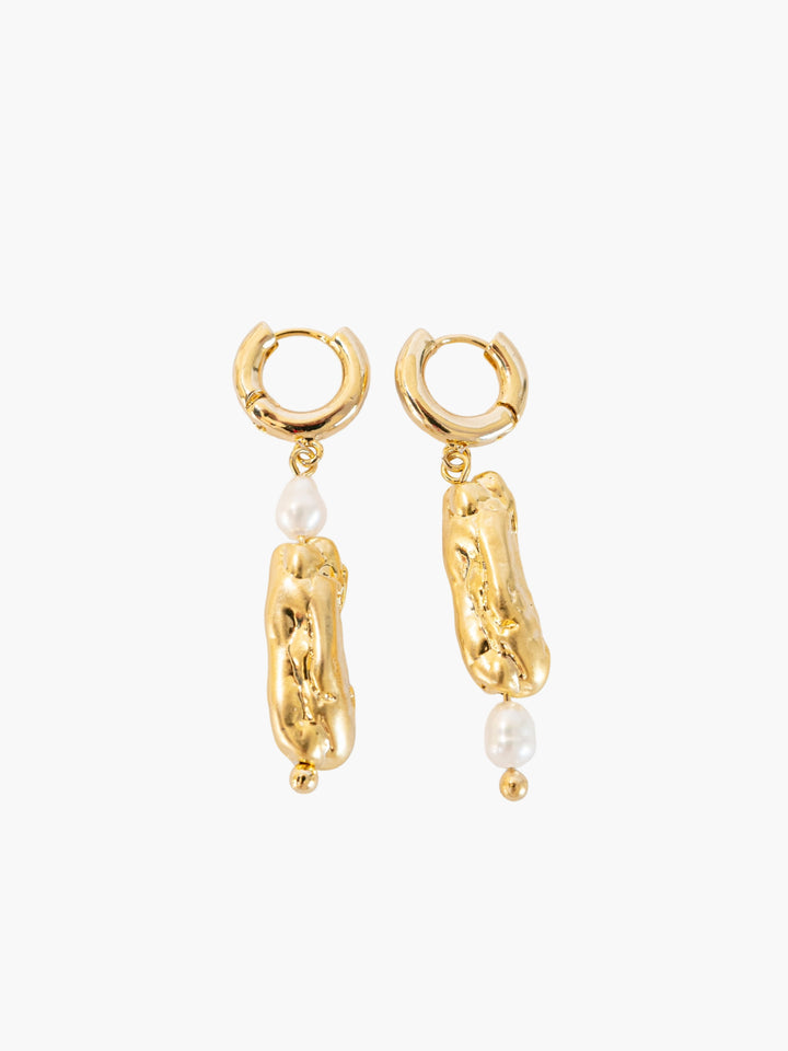 Long Asymmetrical Pearl Hoop Gold Earrings