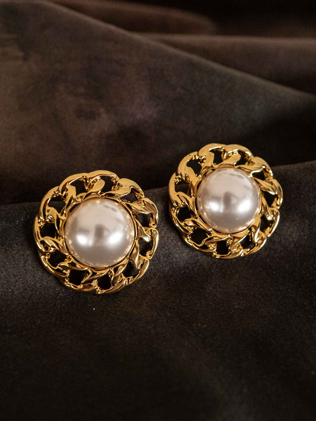 Gold Round Pearl Hollow Earrings
