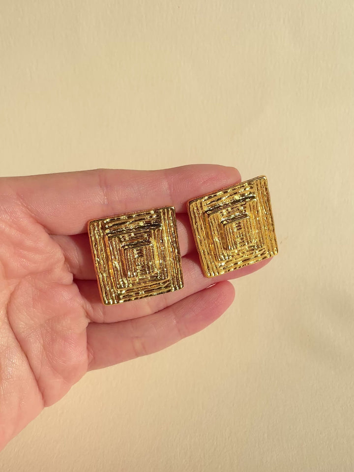 Square Sculpture Gold Earrings