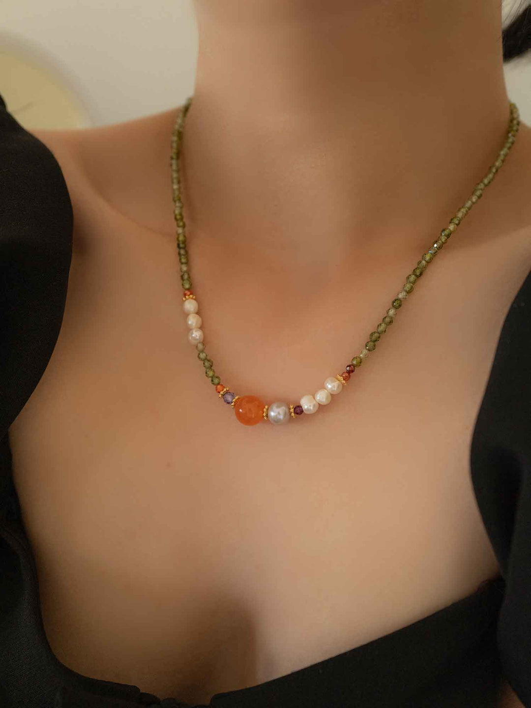 Natural Orange Stone Pearl Necklace